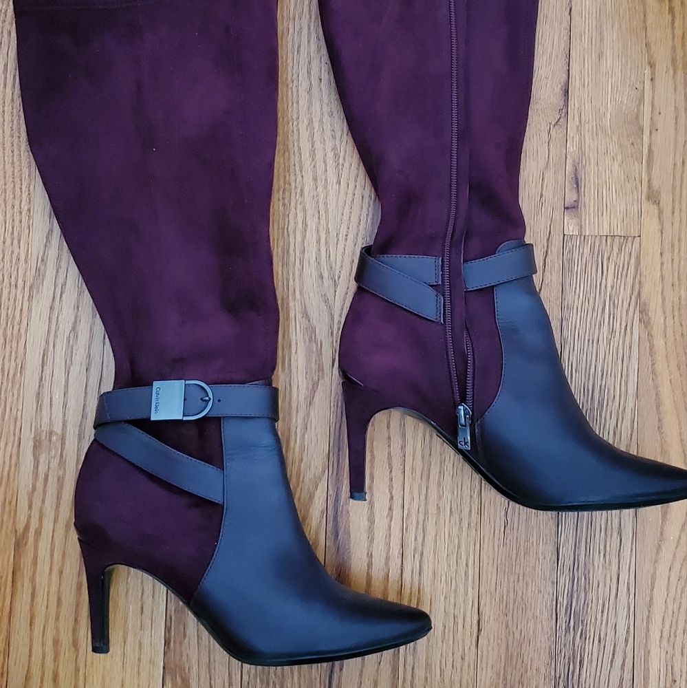 Calvin Klein Burgundy Genuine Suede Knee Length Boots